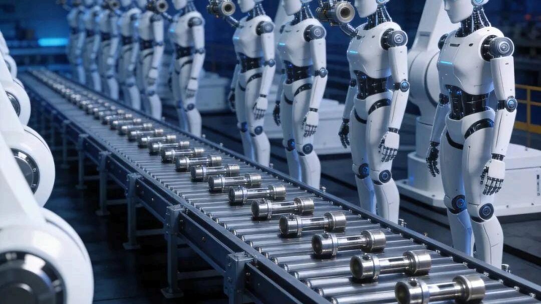 Humanoid robot mass production line in a modern factory