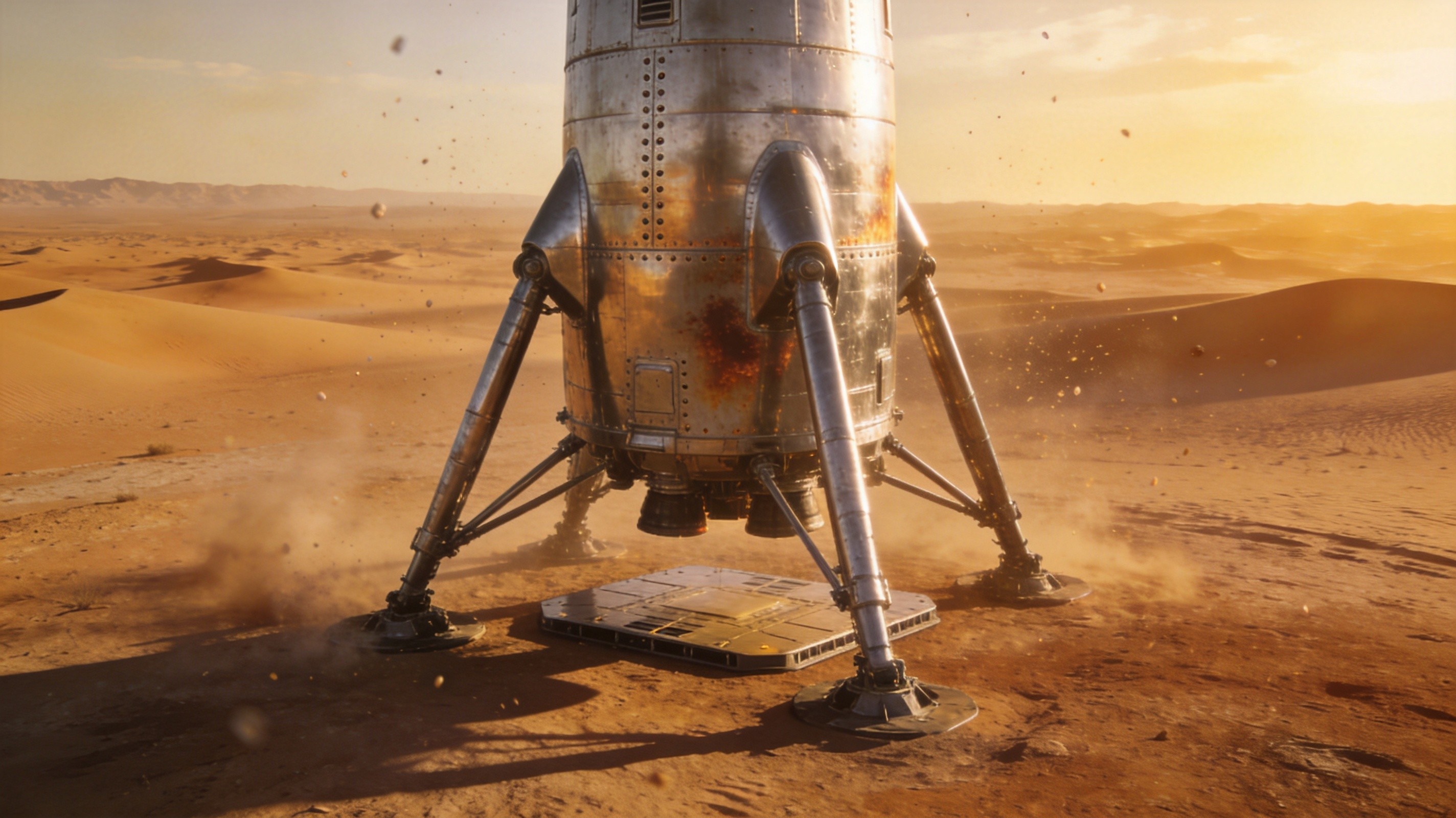 China's first stainless-steel reusable rocket Zhuque-3 standing upright in the Gobi desert after a landing-leg recovery